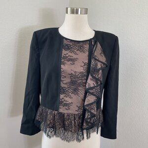 BCBGMaxazria Womens Medium Black Nude Lace Ruffled Peplum Jacket Zip Up Blazer